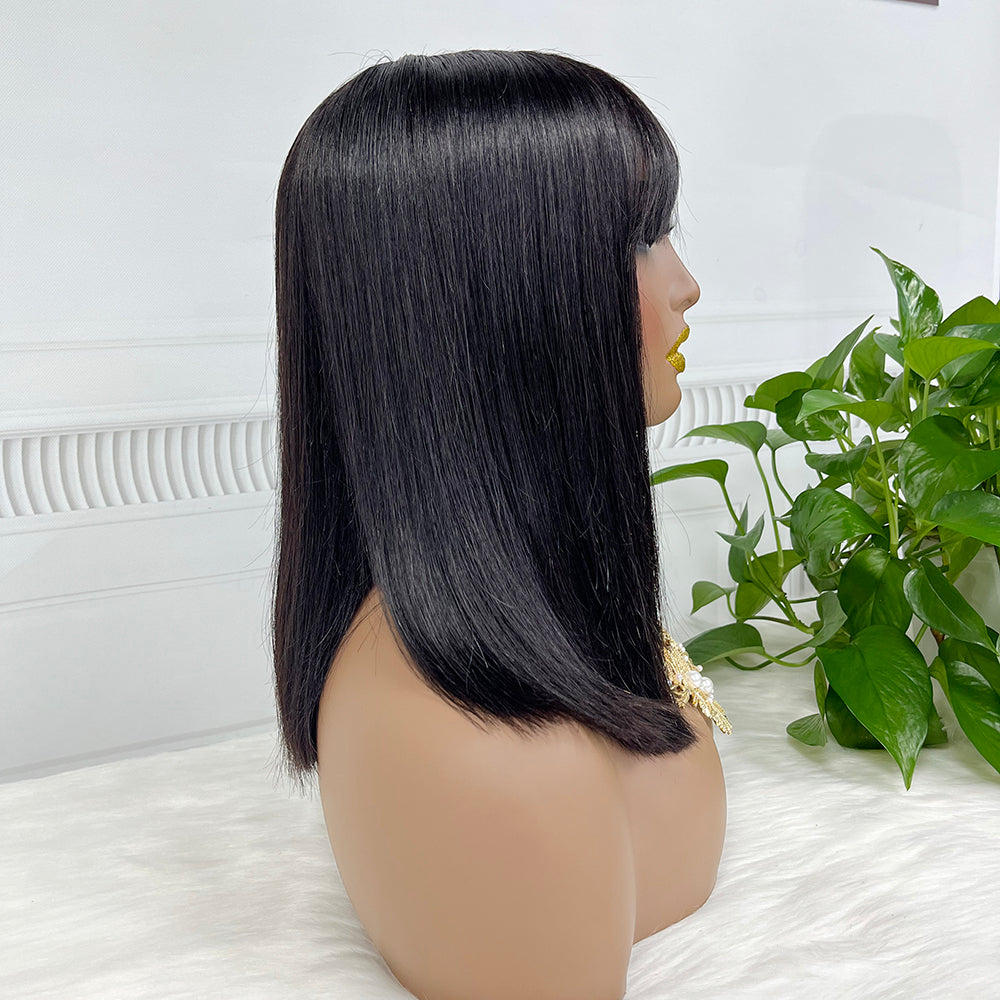 Bone Straight Double Drawn Bob Wig With Bangs Raw Virgin Human Hair Wigs Natural Color