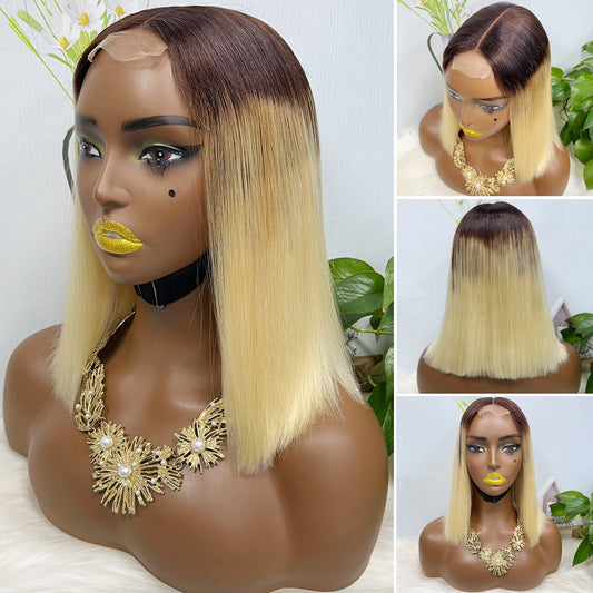 Super Double Drawn 2*6 Lace Bob Wig Human Hair Lace Wig Color T4/613# Straight