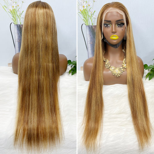 13x4 Lace Wig Deep Wave Natural Human Hair Wavy Wigs Piano Color P4/27 18"-30"