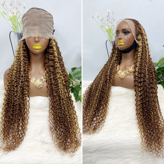 36" 13*4 Lace Wig Water Wave Curly Human Hair Wig 500 grams Color P4/27