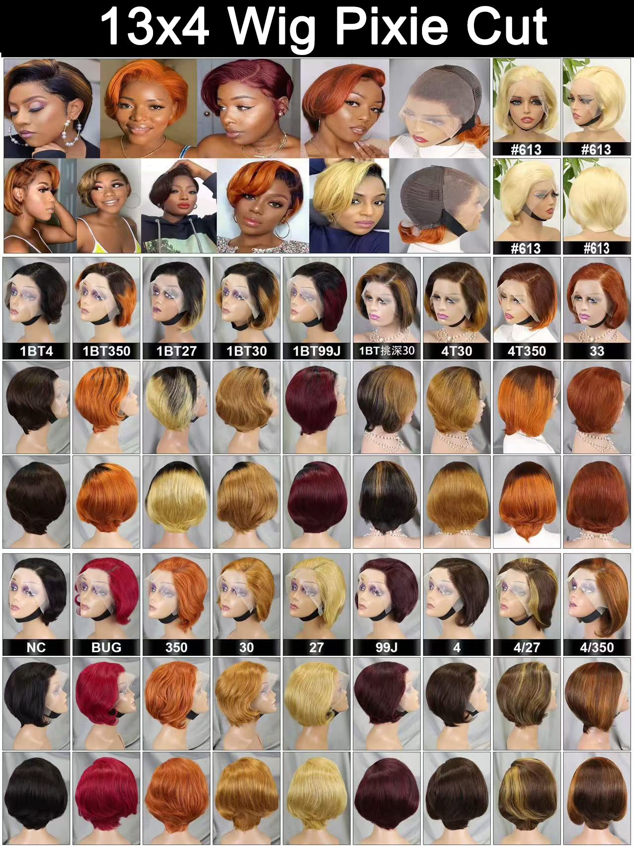 13 * 4 Lace Wig Pixie Cut Naturel Vierge Cheveux Humains Lace Wigs Couleur 1B