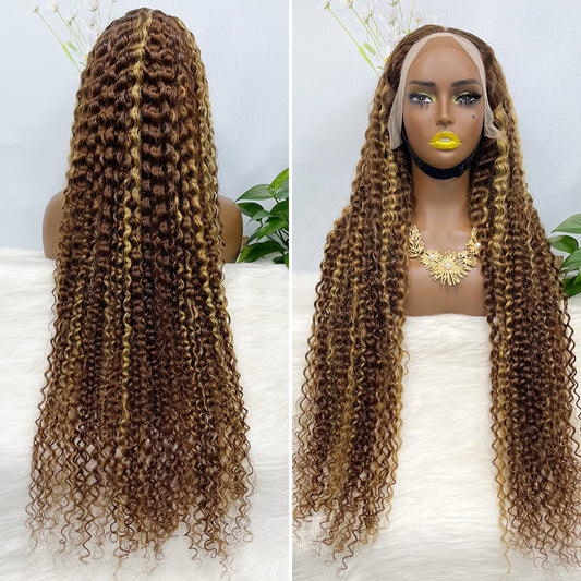 36" 13*4 Lace Wig Water Wave Curly Human Hair Wig 500 grams Color P4/27