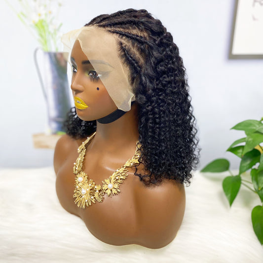 13*4 Bob Wig Jerry Curl Braid Human Hair Wigs Natural Color 200% Density