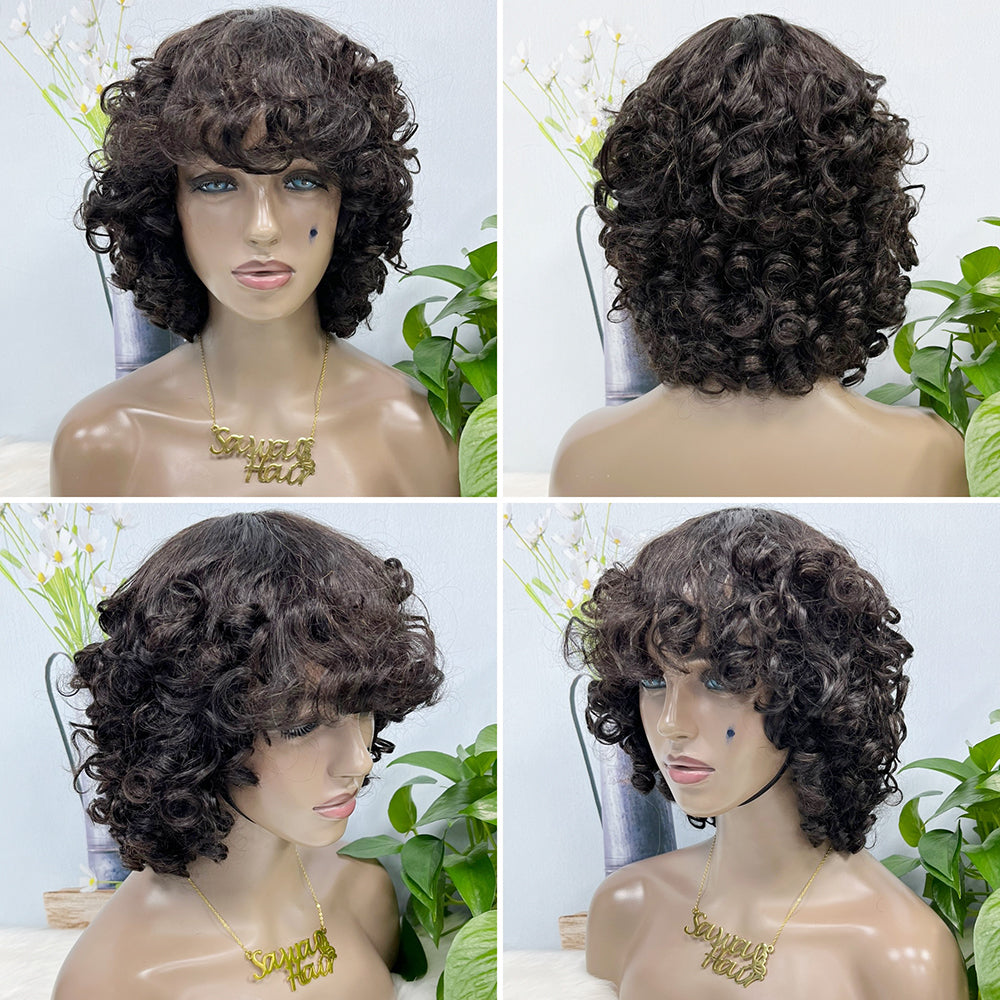 Machine Human Hair Wig Fumi Curl Highlight Color 1B  250%Density