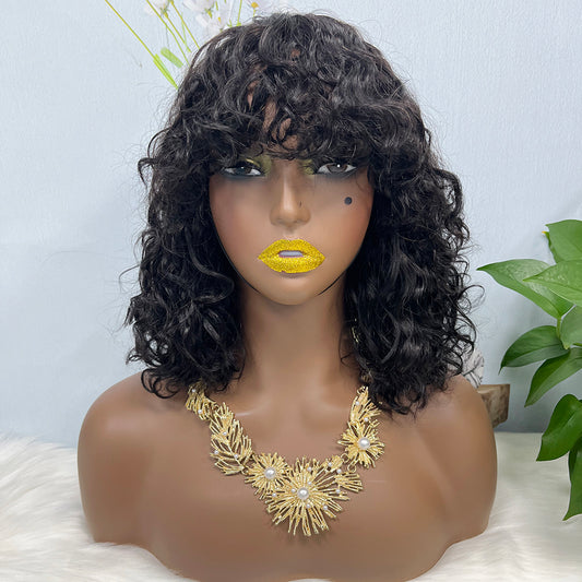 DD Wig With Bangs Water Wave Machine Human Hair Wig Color 1B