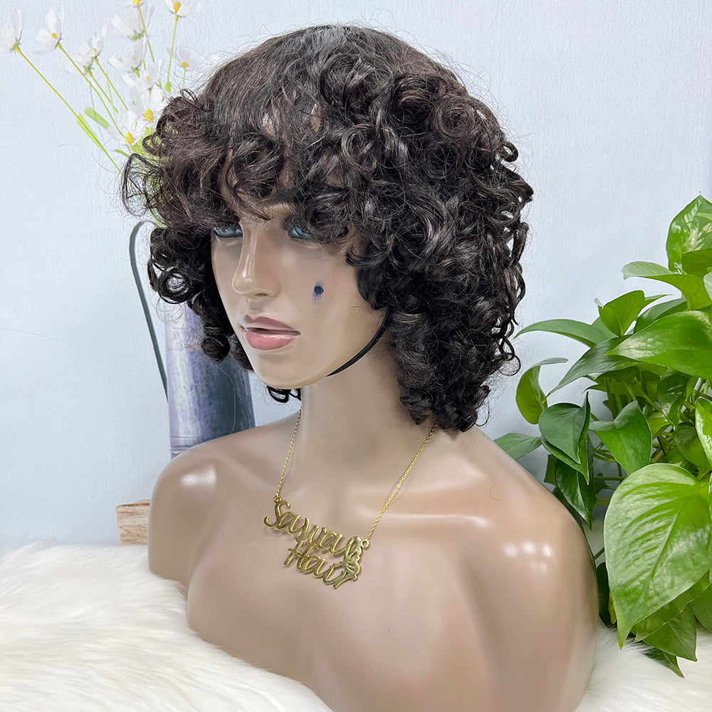 Machine Human Hair Wig Fumi Curl Highlight Color 1B  250%Density