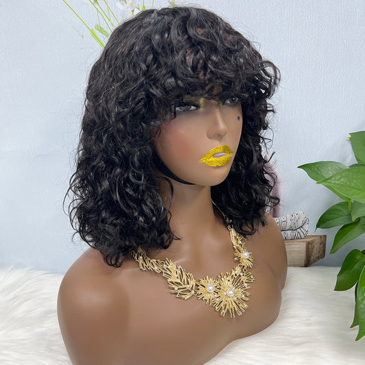 DD Wig With Bangs Water Wave Machine Human Hair Wig Color 1B