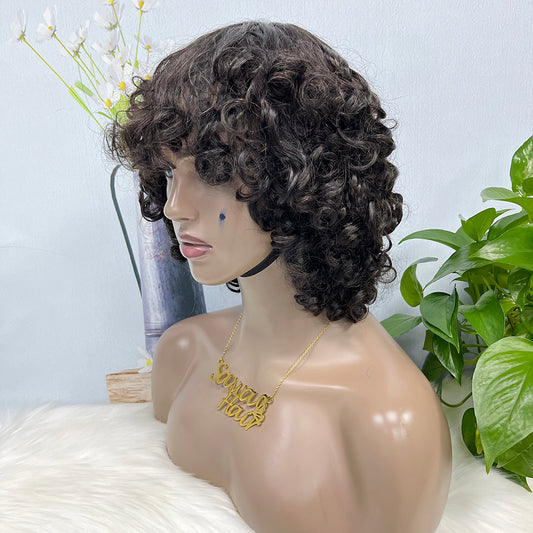 Machine Human Hair Wig Fumi Curl Highlight Color 1B  250%Density