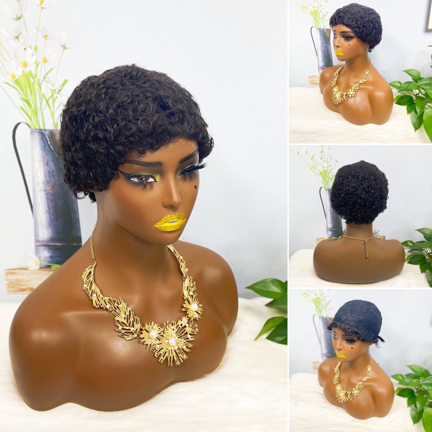 Afro Curl 007 Machine Human Hair Wig Natural Hair Wigs Color 1B