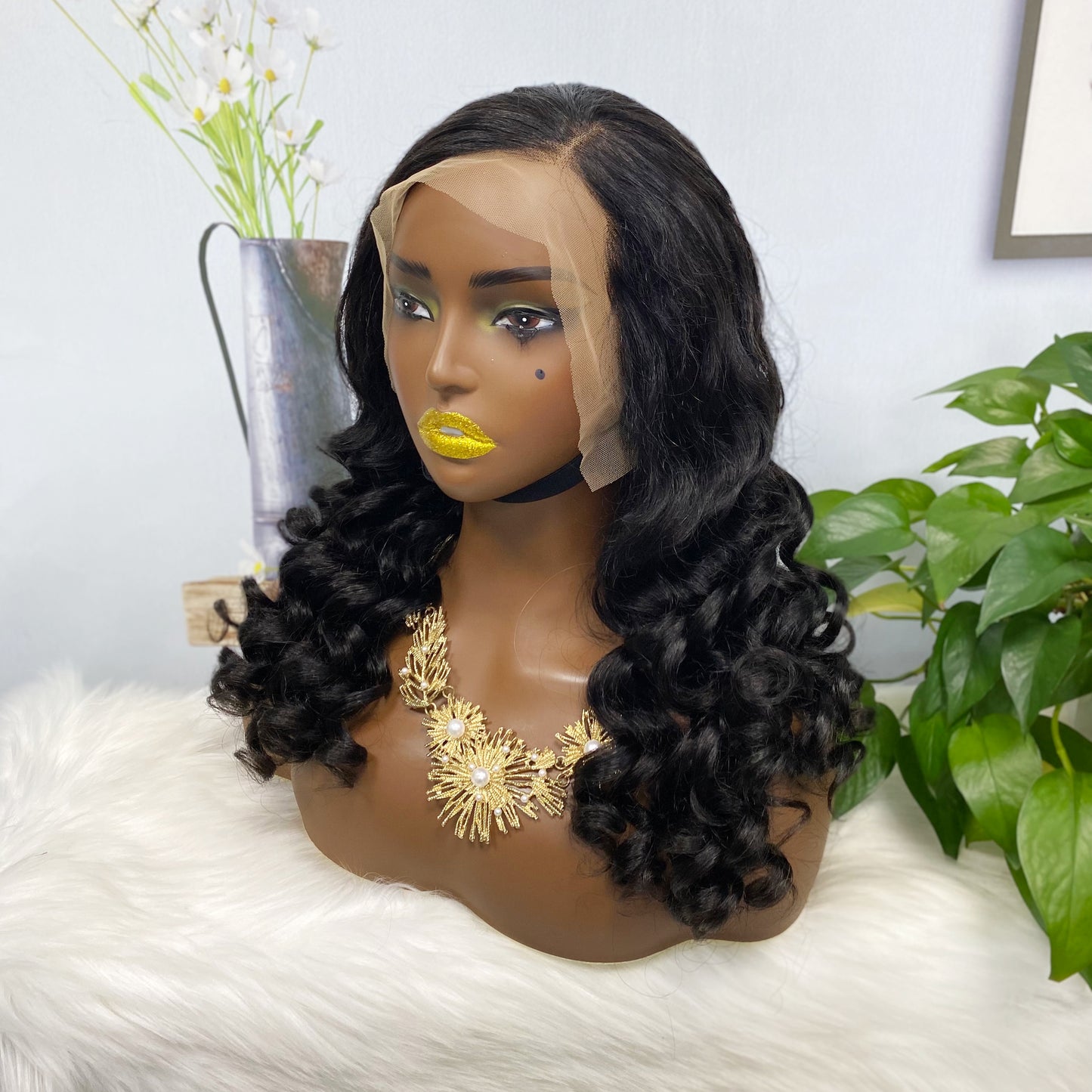 Double Drawn 13*4 Lace Wig Loose Curl Natural Human Hair Lace Wig Color NC 250% Density