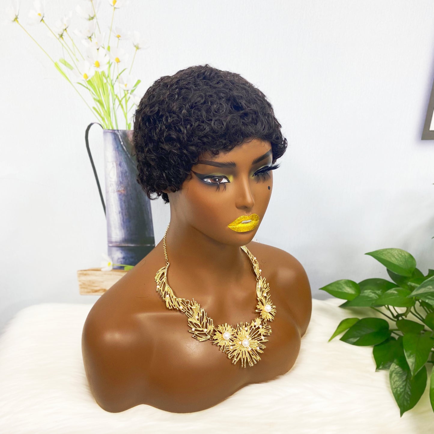 Afro Curl 007 Machine Human Hair Wig Natural Hair Wigs Color 1B