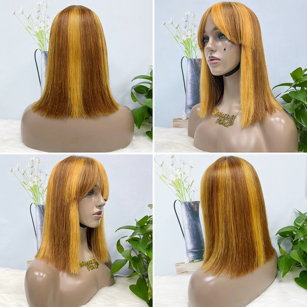 DD Wig Bangs Machine Human Hair Wig Straight Highlight Color P4/27 12inch