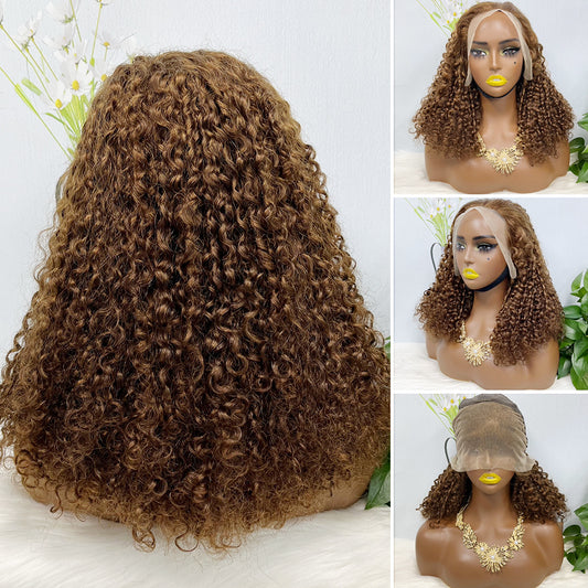 Double Drawn 13*4 Wig Pixie Curl Natural Color Lace Wigs Color 4# 250% Density