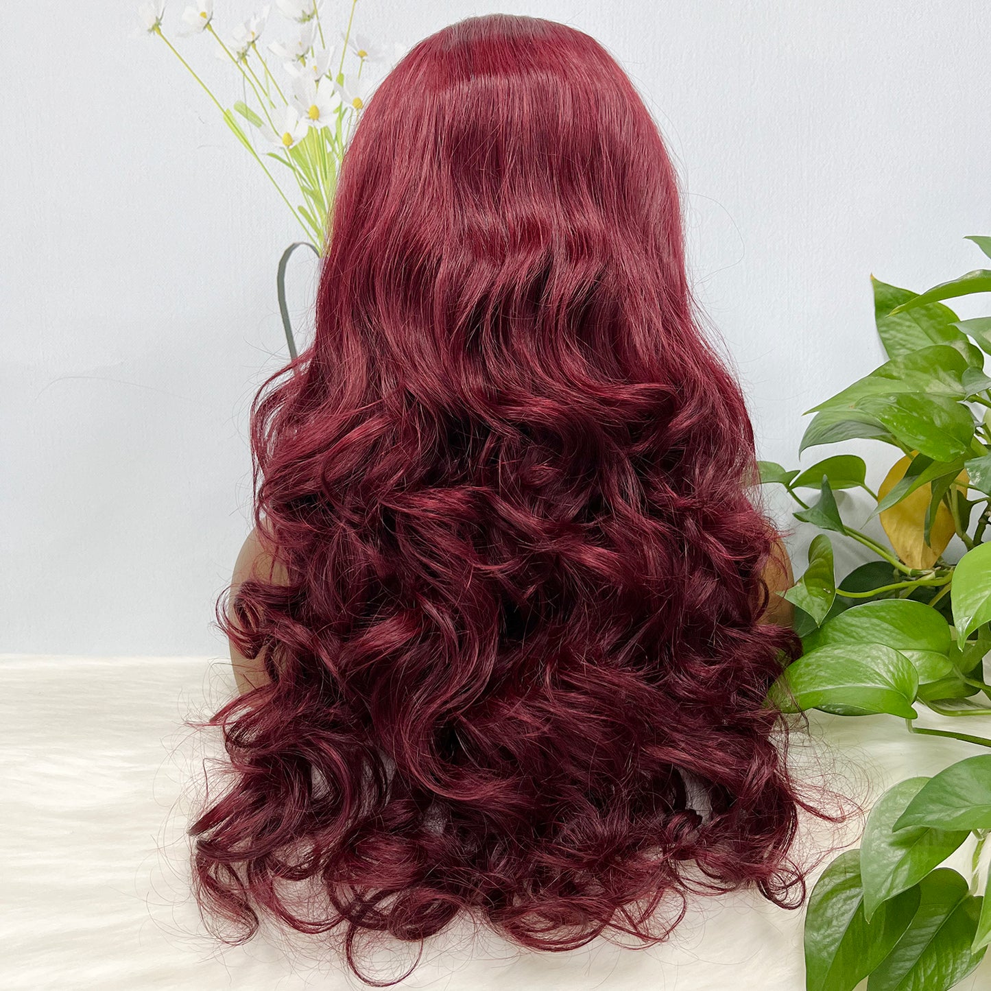 Double Drawn 13*4 GluelessLace Wig Romance Curl Natural Human Hair Lace Wigs Wine Color 99J 20"