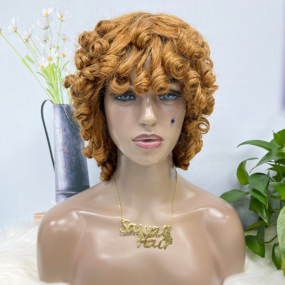 Machine Human Hair Wig Fumi Curl Highlight Color 30#  250%Density