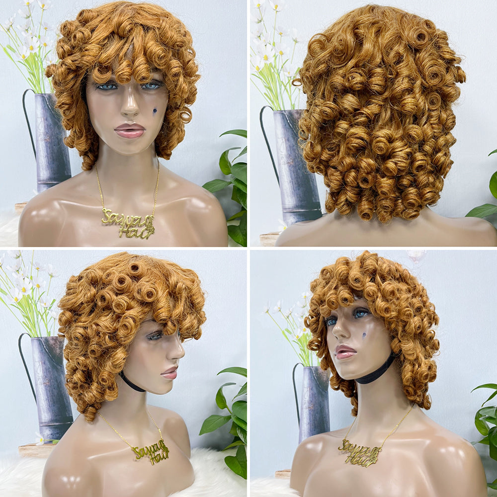 Machine Human Hair Wig Fumi Curl Highlight Color 30#  250%Density