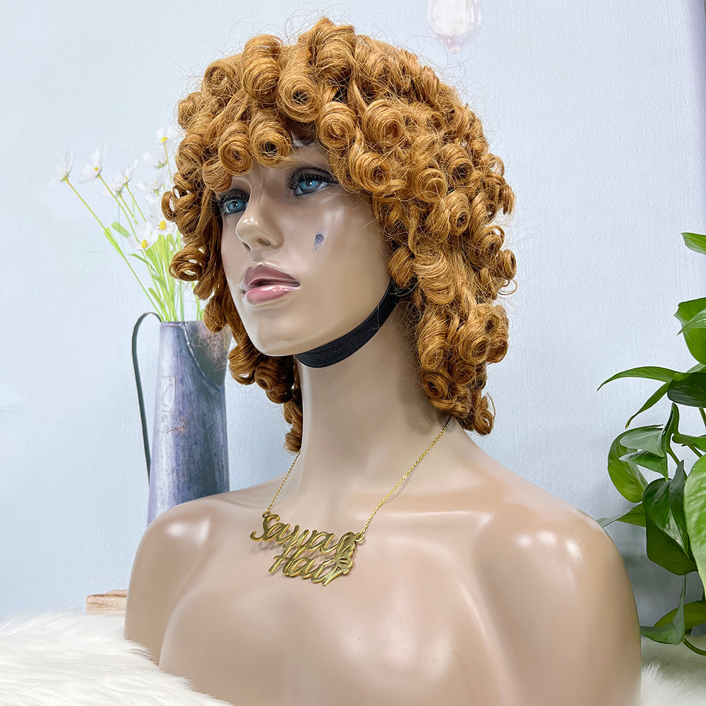 Machine Human Hair Wig Fumi Curl Highlight Color 30#  250%Density