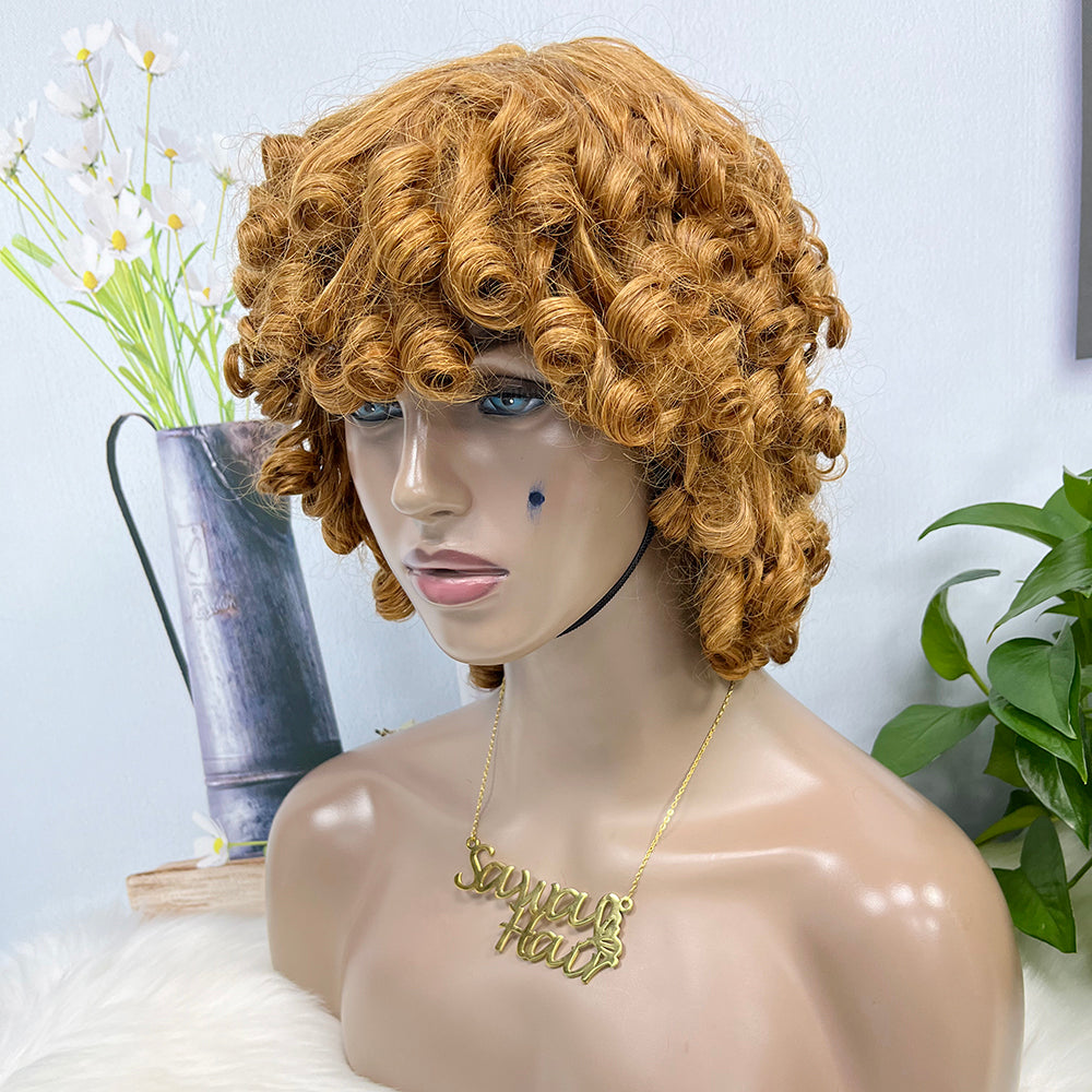 Machine Human Hair Wig Fumi Curl Highlight Color 30#  250%Density