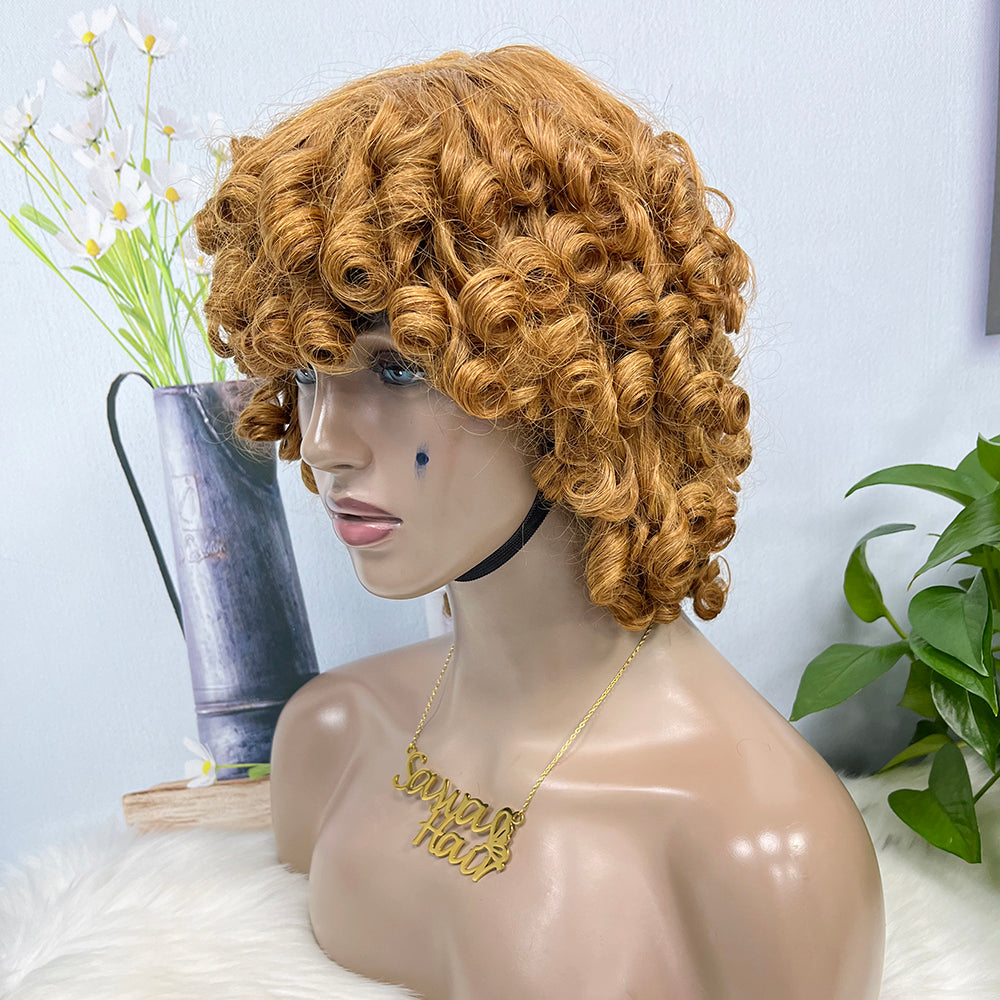 Machine Human Hair Wig Fumi Curl Highlight Color 30#  250%Density