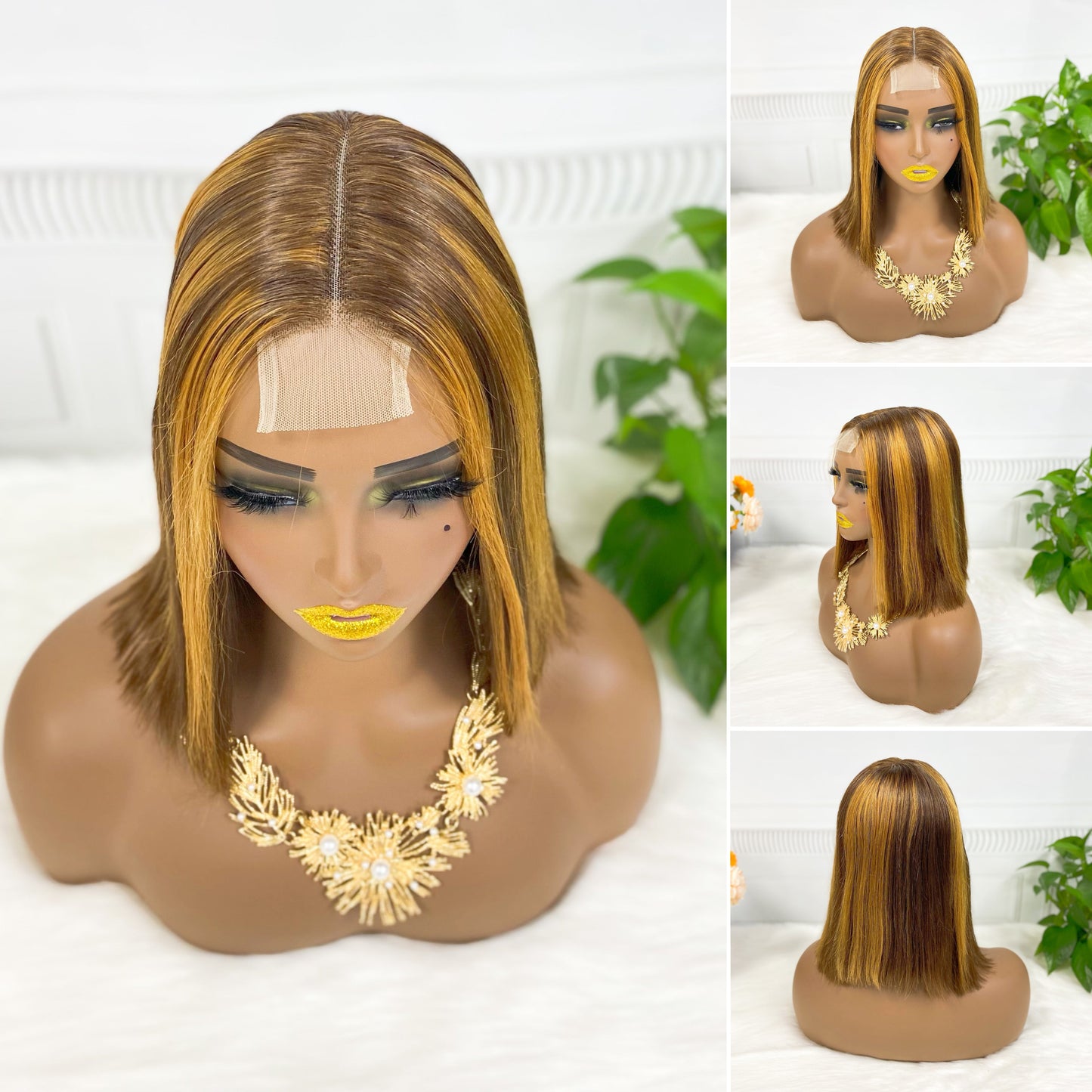 Perruque Bob Lace Wig naturelle lisse, Double tirage, 2x6, couleur P4/350 #, densité 200%