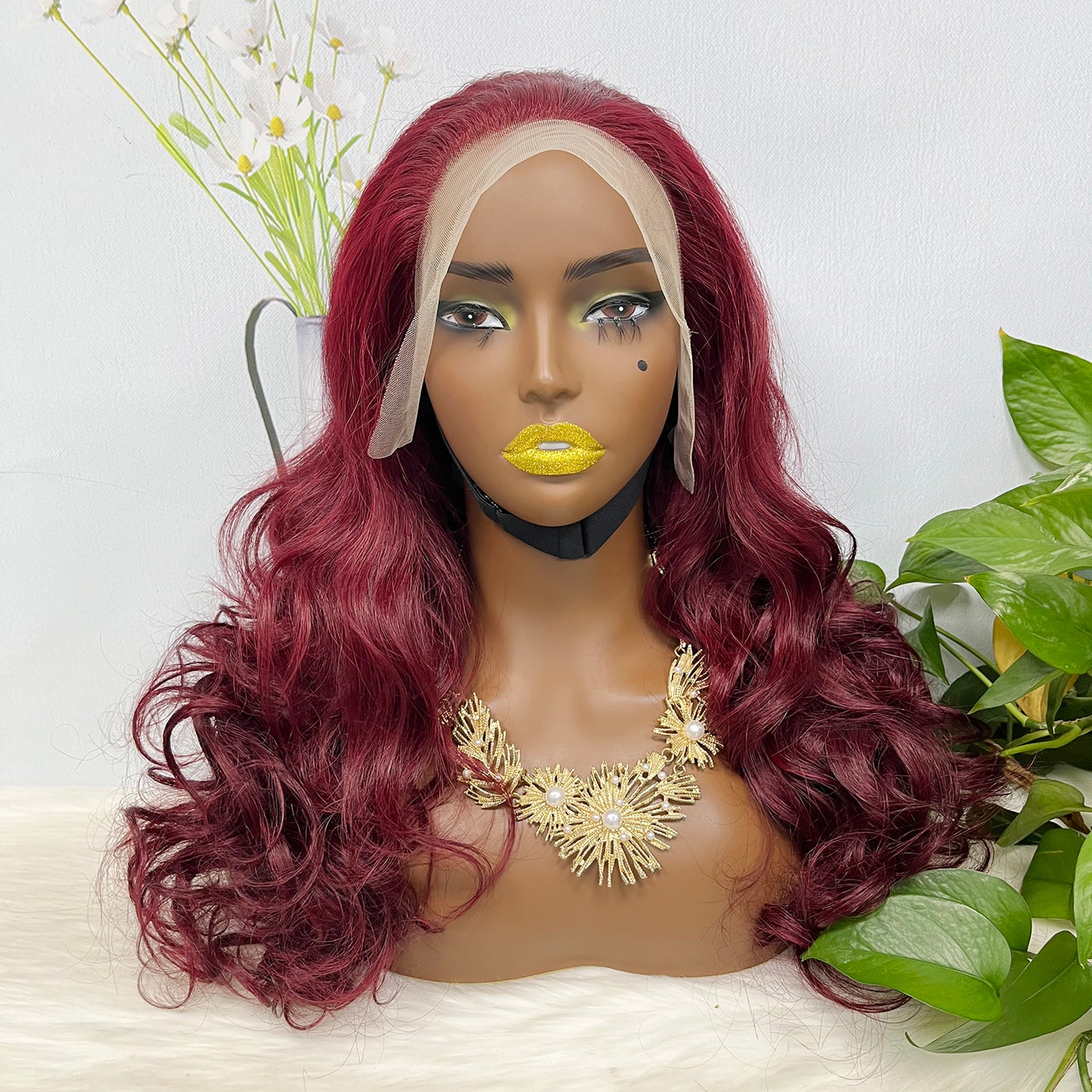 Double Drawn 13*4 GluelessLace Wig Romance Curl Natural Human Hair Lace Wigs Wine Color 99J 20"