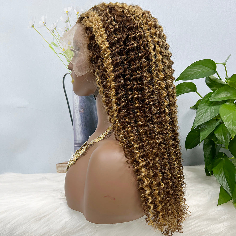 13*4 perruque de dentelle Jerry Curl naturel vierge cheveux humains dentelle perruques couleur P4/27 #