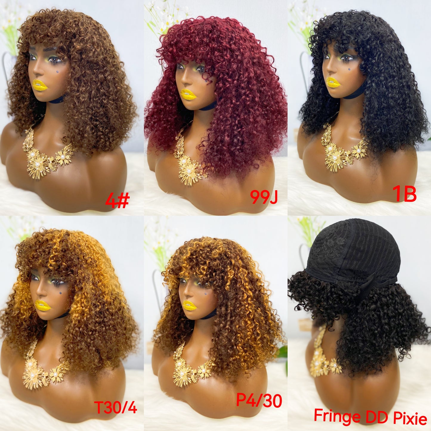 Fringe DD Wig Machine Human Hair Pixie Curly Wig Color T30/4