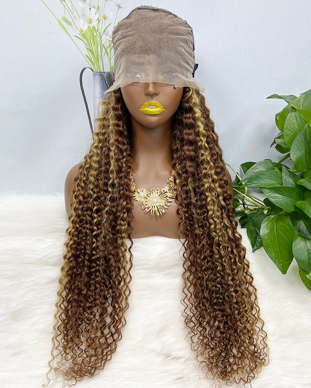 36" 13*4 Lace Wig Water Wave Curly Human Hair Wig 500 grams Color P4/27