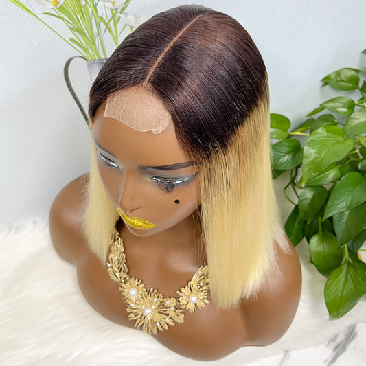 Super Double Drawn 2*6 Lace Bob Wig Human Hair Lace Wig Color T4/613# Straight