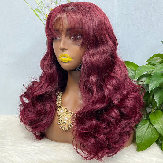 Fringe Double Drawn 5x5 Glueless Lace Wig Loose Wave Human Hair Wigs Wine Color 99J 20 inch