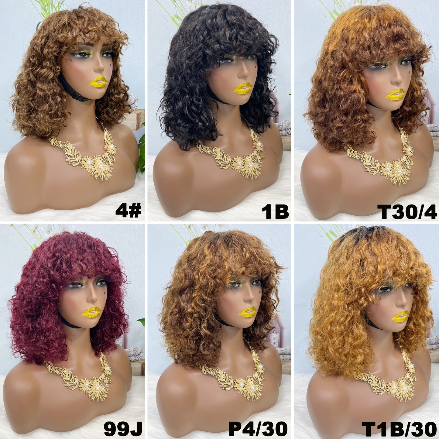 DD Wig With Bangs Water Wave Machine Human Hair Wig Color P4/27#