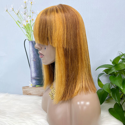 DD Wig Bangs Machine Human Hair Wig Straight Highlight Color P4/27 12inch