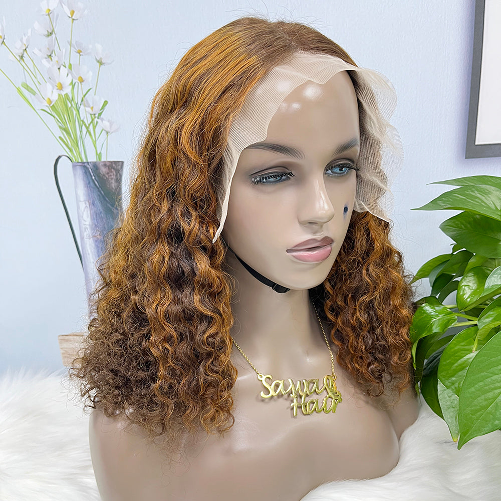 Double Drawn 13*4 Lace Wig Pissy Curly Natural Human Hair Lace Wigs Color P4/30# 250% Density