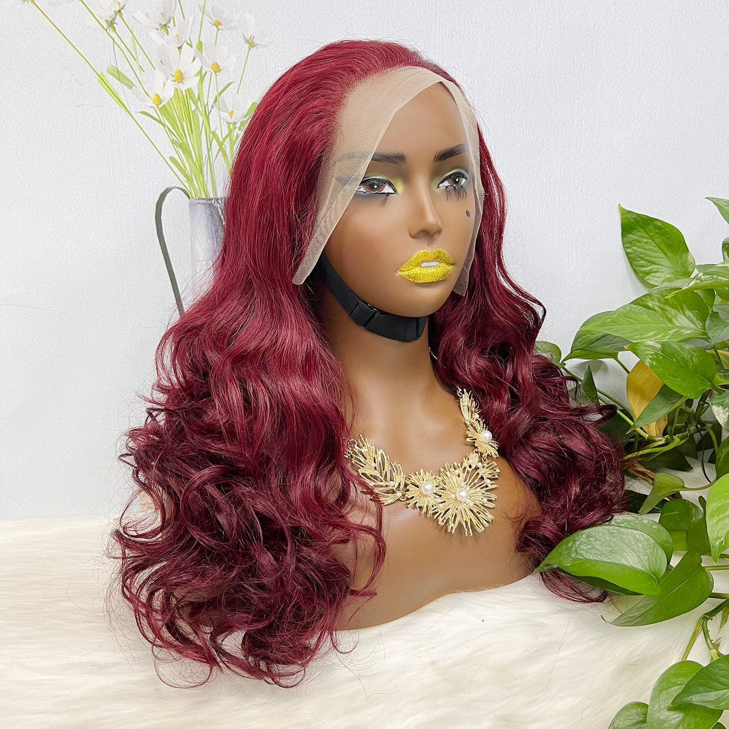 Double Drawn 13*4 GluelessLace Wig Romance Curl Natural Human Hair Lace Wigs Wine Color 99J 20"