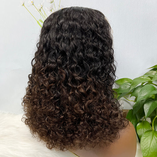 Double Drawn 13*4 Glueless Wig Pissy Curl Natural Human Hair Lace Wig Ombre Color T1B/4 250% Density
