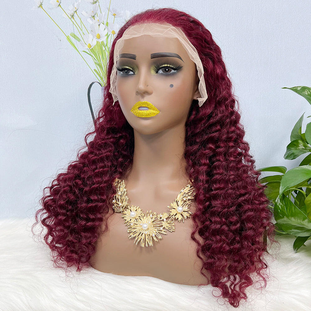 13*4 Lace Wig Deep Wave Natural Human Hair Lace Wigs Color 99J 200% Density