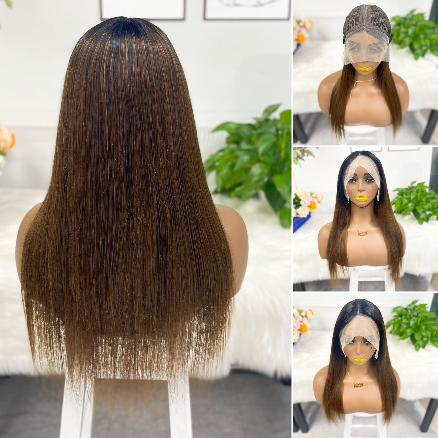 T Lace Wig Straight Natural Human Hair Lace Wigs Color T1B/27# 20inch