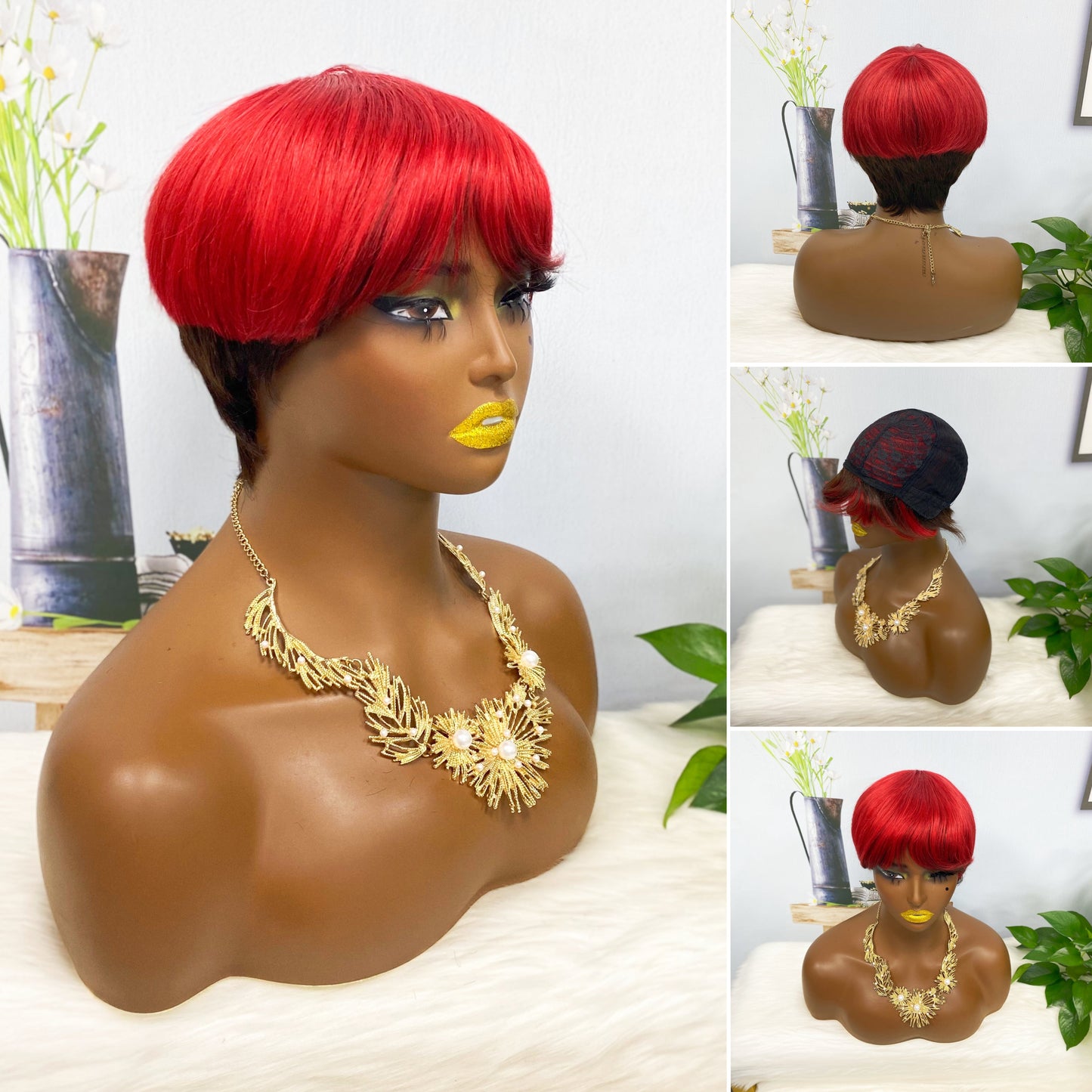 Machine Human Hair Wig Natural Hair Wig 513 Color 4/Red