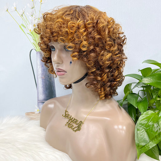 Machine Human Hair Wig Fumi Curl Highlight Color P4/27#  250%Density