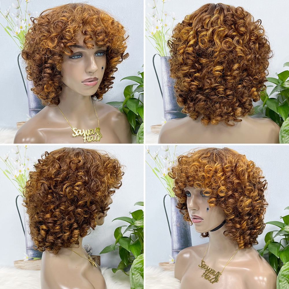 Machine Human Hair Wig Fumi Curl Highlight Color 1B  250%Density