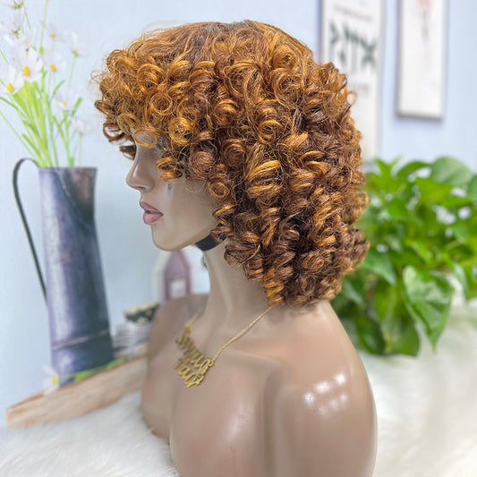 Machine Human Hair Wig Fumi Curl Highlight Color P4/27#  250%Density