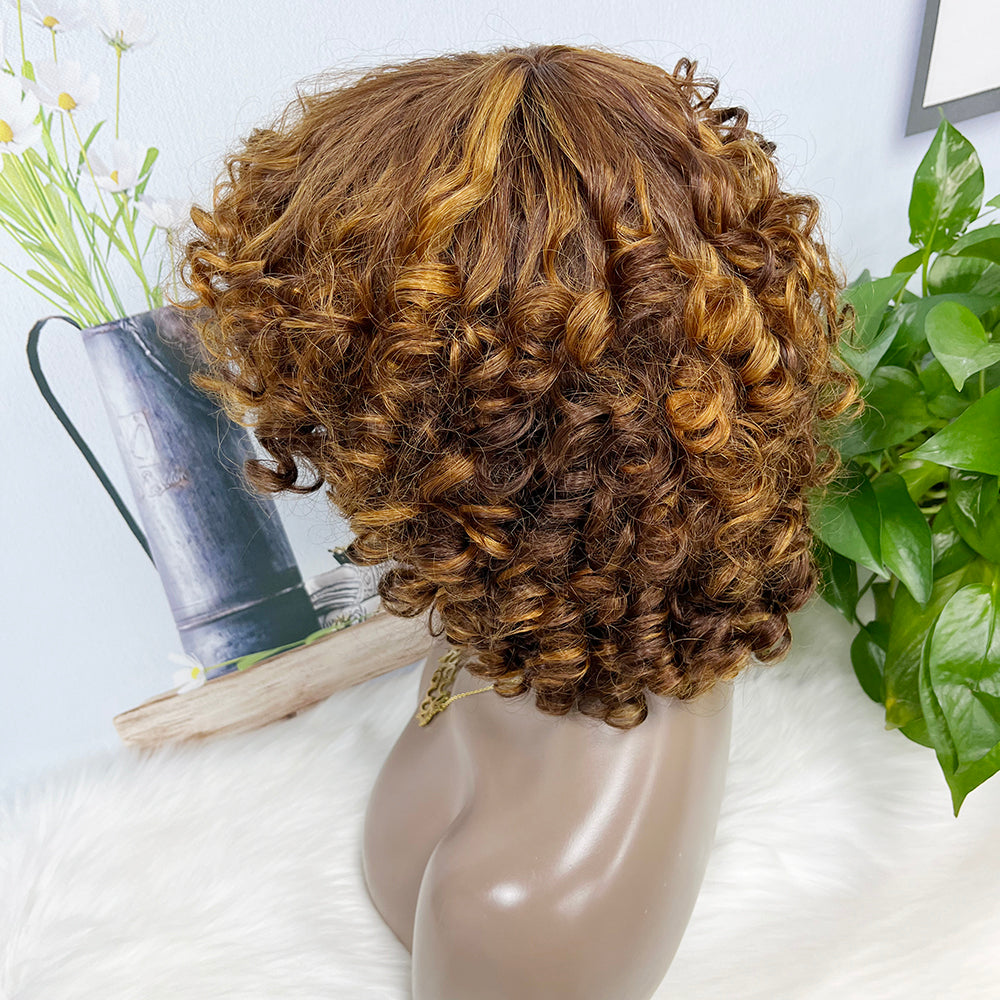 Machine Human Hair Wig Fumi Curl Highlight Color P4/27#  250%Density