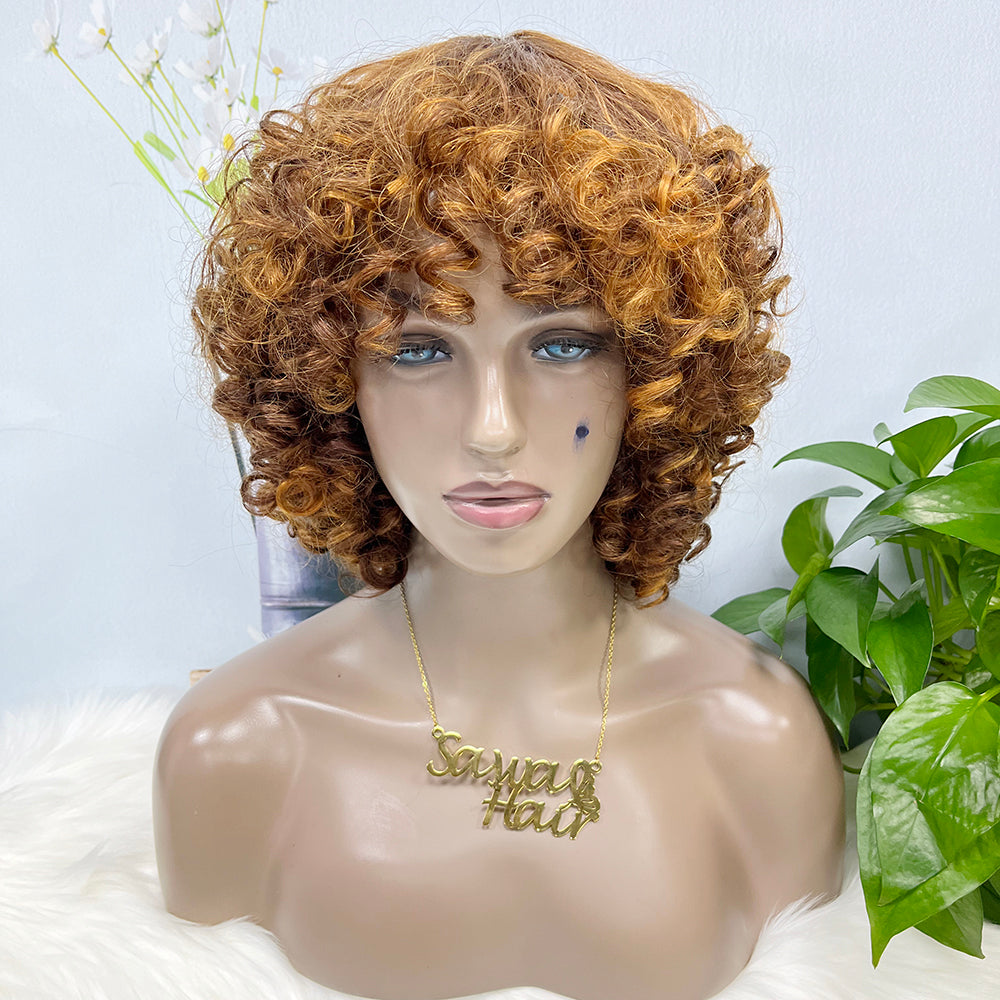 Machine Human Hair Wig Fumi Curl Highlight Color P4/27#  250%Density