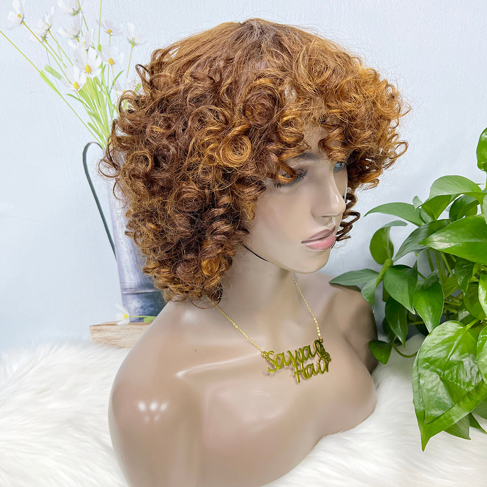 Machine Human Hair Wig Fumi Curl Highlight Color P4/27#  250%Density