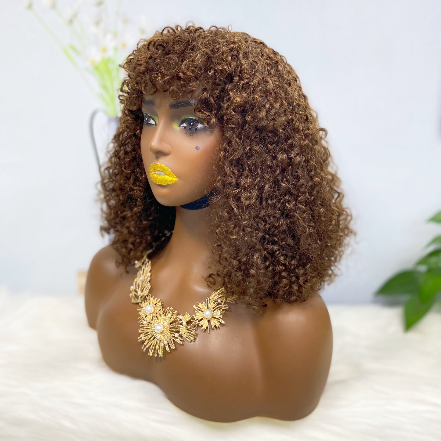 Fringe DD Wig Machine Human Hair Pixie Curly Wig Color 4#