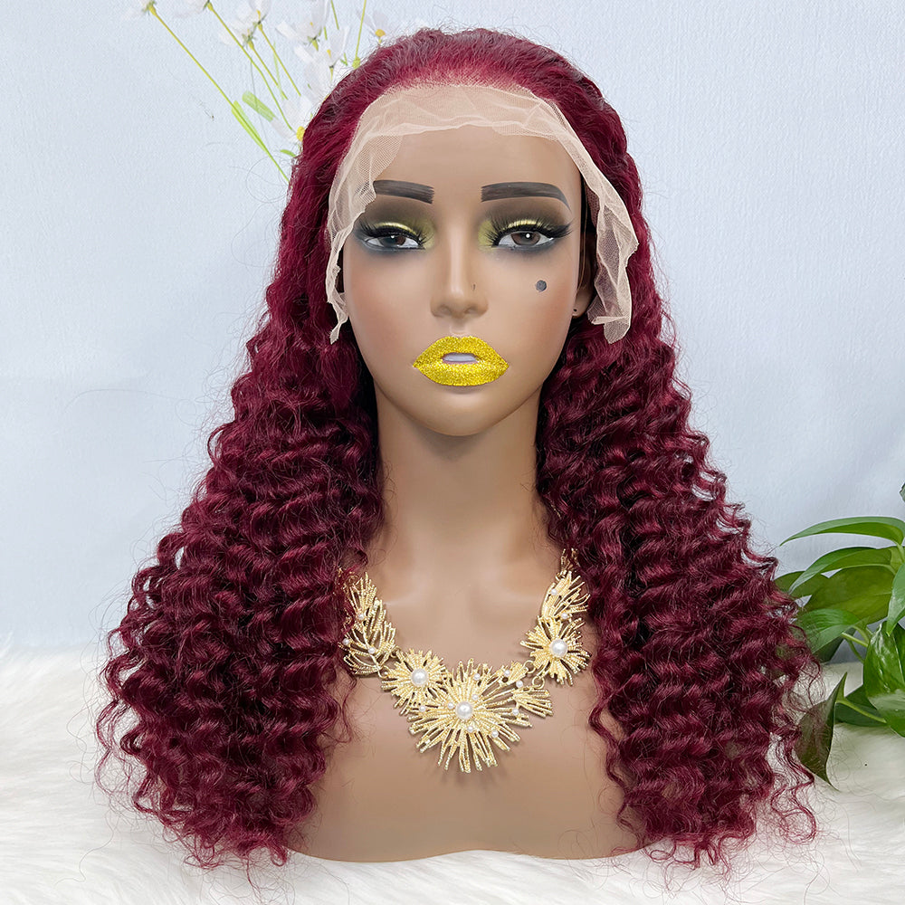 13*4 Lace Wig Deep Wave Natural Human Hair Lace Wigs Color 99J 200% Density