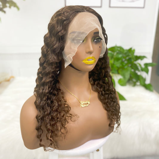 T Lace Wig Deep Wave Natural Human Hair Lace Wigs Color 4#