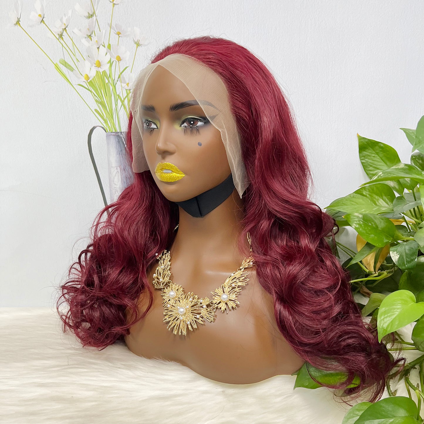 Double Drawn 13*4 GluelessLace Wig Romance Curl Natural Human Hair Lace Wigs Wine Color 99J 20"