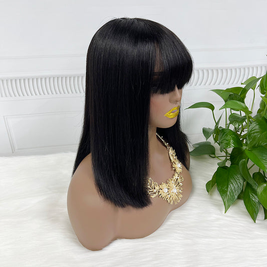 Bone Straight Double Drawn Bob Wig With Bangs Raw Virgin Human Hair Wigs Natural Color