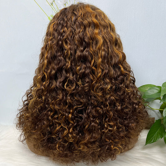 Double Drawn 13*4 Glueless Wig Pissy Curl Natural Human Hair Lace Wig Piano Color P4/30 250% Density